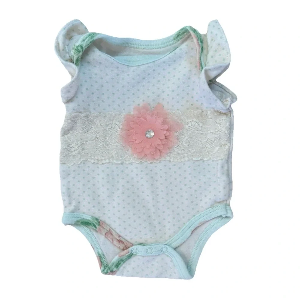 Catherine Malandrino Baby Girl 0-3M Polka Dot Ruffle Sleeve Bodysuit Flower Lace